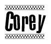 The image contains the text Corey in a bold, stylized font, with a checkered flag pattern bordering the top and bottom of the text.