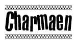 The image contains the text Charmaen in a bold, stylized font, with a checkered flag pattern bordering the top and bottom of the text.