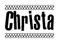 The image contains the text Christa in a bold, stylized font, with a checkered flag pattern bordering the top and bottom of the text.