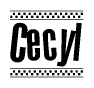 The clipart image displays the text Cecyl in a bold, stylized font. It is enclosed in a rectangular border with a checkerboard pattern running below and above the text, similar to a finish line in racing. 