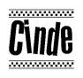 The clipart image displays the text Cinde in a bold, stylized font. It is enclosed in a rectangular border with a checkerboard pattern running below and above the text, similar to a finish line in racing. 