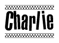 The image is a black and white clipart of the text Charlie in a bold, italicized font. The text is bordered by a dotted line on the top and bottom, and there are checkered flags positioned at both ends of the text, usually associated with racing or finishing lines.
