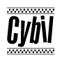 The image is a black and white clipart of the text Cybil in a bold, italicized font. The text is bordered by a dotted line on the top and bottom, and there are checkered flags positioned at both ends of the text, usually associated with racing or finishing lines.