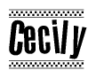 The image contains the text Cecily in a bold, stylized font, with a checkered flag pattern bordering the top and bottom of the text.