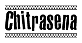 The image contains the text Chitrasena in a bold, stylized font, with a checkered flag pattern bordering the top and bottom of the text.