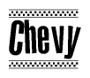 The image contains the text Chevy in a bold, stylized font, with a checkered flag pattern bordering the top and bottom of the text.