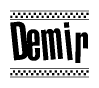 The image contains the text Demir in a bold, stylized font, with a checkered flag pattern bordering the top and bottom of the text.