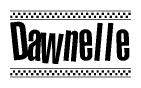 The image contains the text Dawnelle in a bold, stylized font, with a checkered flag pattern bordering the top and bottom of the text.