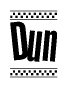 The image contains the text Dun in a bold, stylized font, with a checkered flag pattern bordering the top and bottom of the text.