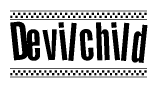 The image contains the text Devilchild in a bold, stylized font, with a checkered flag pattern bordering the top and bottom of the text.
