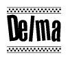 The image contains the text Delma in a bold, stylized font, with a checkered flag pattern bordering the top and bottom of the text.
