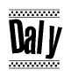 The image contains the text Daly in a bold, stylized font, with a checkered flag pattern bordering the top and bottom of the text.