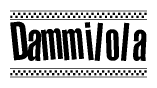 The image contains the text Dammilola in a bold, stylized font, with a checkered flag pattern bordering the top and bottom of the text.