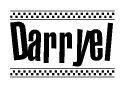 The image is a black and white clipart of the text Darryel in a bold, italicized font. The text is bordered by a dotted line on the top and bottom, and there are checkered flags positioned at both ends of the text, usually associated with racing or finishing lines.
