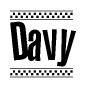 The image contains the text Davy in a bold, stylized font, with a checkered flag pattern bordering the top and bottom of the text.