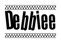 The image is a black and white clipart of the text Debbiee in a bold, italicized font. The text is bordered by a dotted line on the top and bottom, and there are checkered flags positioned at both ends of the text, usually associated with racing or finishing lines.