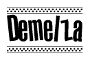 The clipart image displays the text Demelza in a bold, stylized font. It is enclosed in a rectangular border with a checkerboard pattern running below and above the text, similar to a finish line in racing. 
