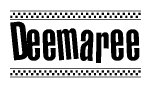 The clipart image displays the text Deemaree in a bold, stylized font. It is enclosed in a rectangular border with a checkerboard pattern running below and above the text, similar to a finish line in racing. 