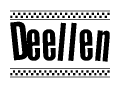 The image is a black and white clipart of the text Deellen in a bold, italicized font. The text is bordered by a dotted line on the top and bottom, and there are checkered flags positioned at both ends of the text, usually associated with racing or finishing lines.