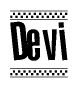 The image contains the text Devi in a bold, stylized font, with a checkered flag pattern bordering the top and bottom of the text.