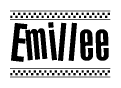 The image is a black and white clipart of the text Emillee in a bold, italicized font. The text is bordered by a dotted line on the top and bottom, and there are checkered flags positioned at both ends of the text, usually associated with racing or finishing lines.