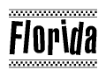 The clipart image displays the text Florida in a bold, stylized font. It is enclosed in a rectangular border with a checkerboard pattern running below and above the text, similar to a finish line in racing. 