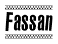 The image contains the text Fassan in a bold, stylized font, with a checkered flag pattern bordering the top and bottom of the text.