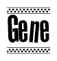 The image is a black and white clipart of the text Gene in a bold, italicized font. The text is bordered by a dotted line on the top and bottom, and there are checkered flags positioned at both ends of the text, usually associated with racing or finishing lines.