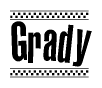 The image is a black and white clipart of the text Grady in a bold, italicized font. The text is bordered by a dotted line on the top and bottom, and there are checkered flags positioned at both ends of the text, usually associated with racing or finishing lines.