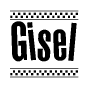 The image is a black and white clipart of the text Gisel in a bold, italicized font. The text is bordered by a dotted line on the top and bottom, and there are checkered flags positioned at both ends of the text, usually associated with racing or finishing lines.
