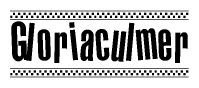 The image is a black and white clipart of the text Gloriaculmer in a bold, italicized font. The text is bordered by a dotted line on the top and bottom, and there are checkered flags positioned at both ends of the text, usually associated with racing or finishing lines.