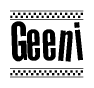 The clipart image displays the text Geeni in a bold, stylized font. It is enclosed in a rectangular border with a checkerboard pattern running below and above the text, similar to a finish line in racing. 