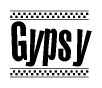 The image is a black and white clipart of the text Gypsy in a bold, italicized font. The text is bordered by a dotted line on the top and bottom, and there are checkered flags positioned at both ends of the text, usually associated with racing or finishing lines.