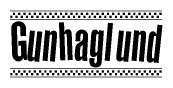 The image contains the text Gunhaglund in a bold, stylized font, with a checkered flag pattern bordering the top and bottom of the text.
