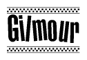 The image is a black and white clipart of the text Gilmour in a bold, italicized font. The text is bordered by a dotted line on the top and bottom, and there are checkered flags positioned at both ends of the text, usually associated with racing or finishing lines.
