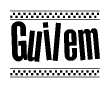 The image contains the text Guilem in a bold, stylized font, with a checkered flag pattern bordering the top and bottom of the text.