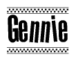 The clipart image displays the text Gennie in a bold, stylized font. It is enclosed in a rectangular border with a checkerboard pattern running below and above the text, similar to a finish line in racing. 