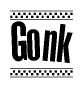The image is a black and white clipart of the text Gonk in a bold, italicized font. The text is bordered by a dotted line on the top and bottom, and there are checkered flags positioned at both ends of the text, usually associated with racing or finishing lines.