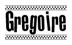 The image contains the text Gregoire in a bold, stylized font, with a checkered flag pattern bordering the top and bottom of the text.