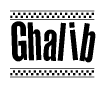 The clipart image displays the text Ghalib in a bold, stylized font. It is enclosed in a rectangular border with a checkerboard pattern running below and above the text, similar to a finish line in racing. 