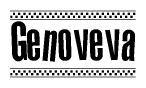 The image contains the text Genoveva in a bold, stylized font, with a checkered flag pattern bordering the top and bottom of the text.