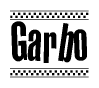 The image is a black and white clipart of the text Garbo in a bold, italicized font. The text is bordered by a dotted line on the top and bottom, and there are checkered flags positioned at both ends of the text, usually associated with racing or finishing lines.