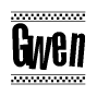 The image contains the text Gwen in a bold, stylized font, with a checkered flag pattern bordering the top and bottom of the text.