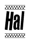 The image is a black and white clipart of the text Hal in a bold, italicized font. The text is bordered by a dotted line on the top and bottom, and there are checkered flags positioned at both ends of the text, usually associated with racing or finishing lines.
