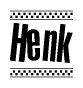The clipart image displays the text Henk in a bold, stylized font. It is enclosed in a rectangular border with a checkerboard pattern running below and above the text, similar to a finish line in racing. 