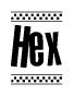 The image contains the text Hex in a bold, stylized font, with a checkered flag pattern bordering the top and bottom of the text.