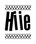 The image contains the text Hiie in a bold, stylized font, with a checkered flag pattern bordering the top and bottom of the text.