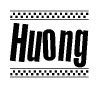 The image contains the text Huong in a bold, stylized font, with a checkered flag pattern bordering the top and bottom of the text.