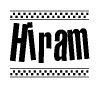 The image is a black and white clipart of the text Hiram in a bold, italicized font. The text is bordered by a dotted line on the top and bottom, and there are checkered flags positioned at both ends of the text, usually associated with racing or finishing lines.