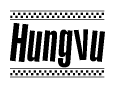 The image contains the text Hungvu in a bold, stylized font, with a checkered flag pattern bordering the top and bottom of the text.